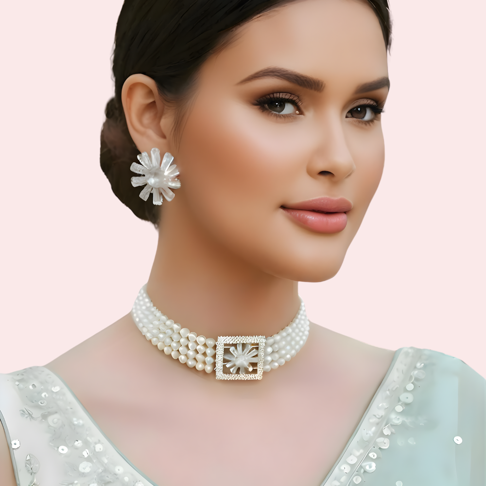 1sz8uaz7msbdrgufqgi7ikxn1sx8f6tuipmii344 Ivory Pearl Choker Necklace and Floral Statement Earrings Set - Image 1
